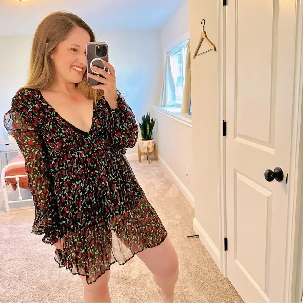The Kooples Black Red Floral Silk Long Sleeve Mini Dress Small